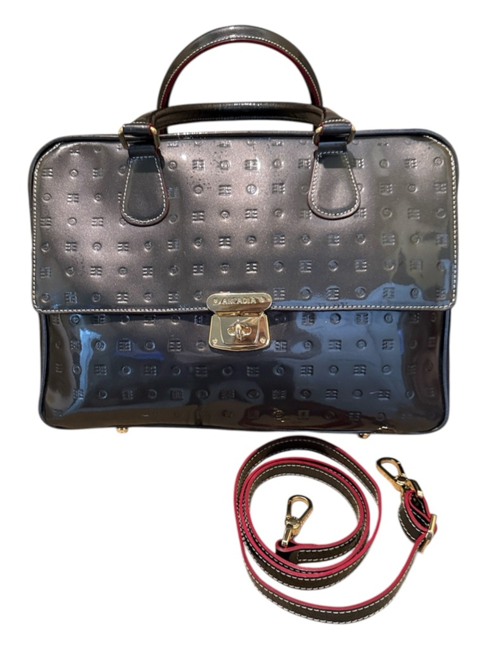 Arcadia Patent Leather Satchel Handbag in gunmetal with Detachable Strap